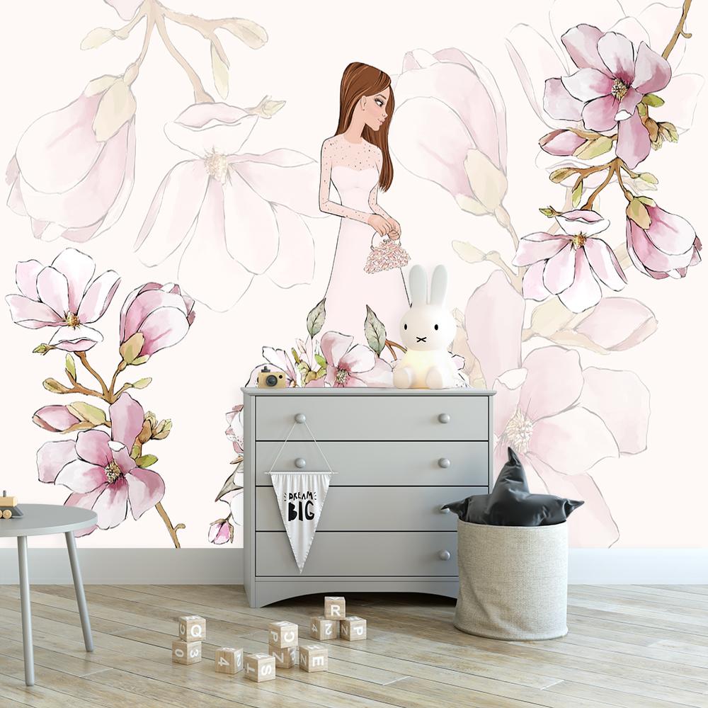 Tapeta na ścianę z motywem lalki i magnolii