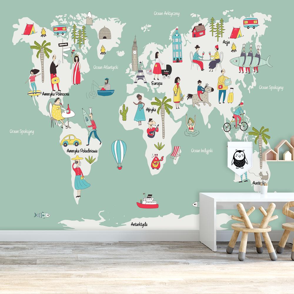tapeta miętowa z motywem mapy świata