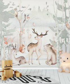 szary las i wesołe zwierzątka- fototapeta do pokoju dziecka