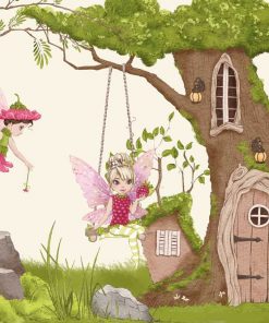 Fototapeta z domkiem w drzewie i wróżkami dla dziewczynki