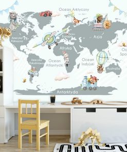 Mapa świata szarość i błękit - fototapeta dziecięca