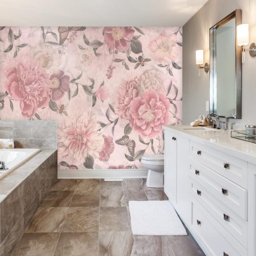 Różowa foto-tapeta botaniczna do łazienki
