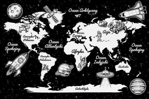 Czarno-biała tapeta z mapą świata do przedszkolnej sali