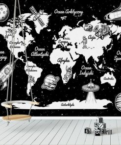 Foto-tapeta mapa świata i rakiety do przedszkola